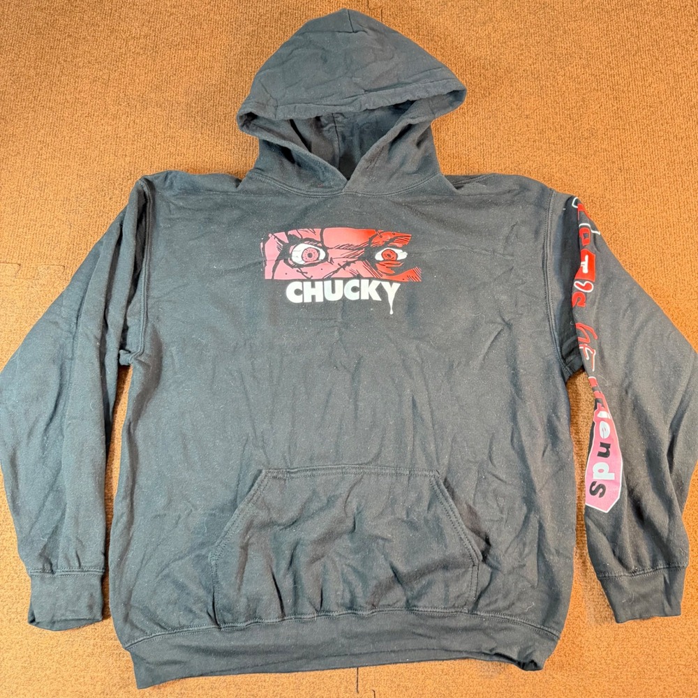 Chucky Child's Play Horror Movie Graphic Hoodie Black Mens Medium Friends to End